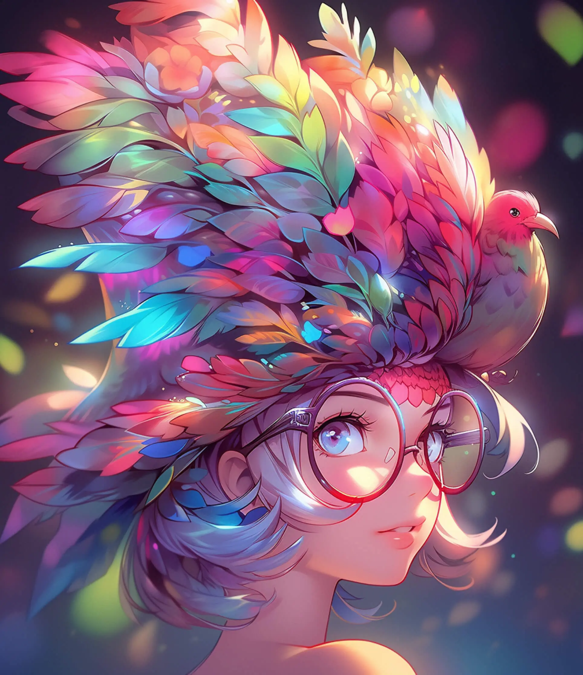 Animation of girl with colorful glasses and feather hat, Chai AI