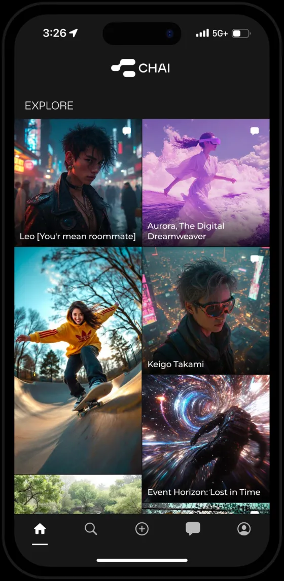 The CHAI explore feed, a grid of AI characters made by users