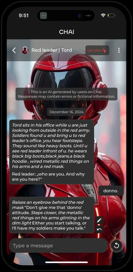 A CHAI conversation with edit and retry controls beside the AI's message